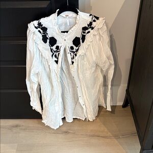 Free People White Blouse with Black Embroidery